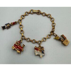 Vintage Toy Charm Bracelet Rose Gold Tone Playful Train Boat Clown Soldier 6"
